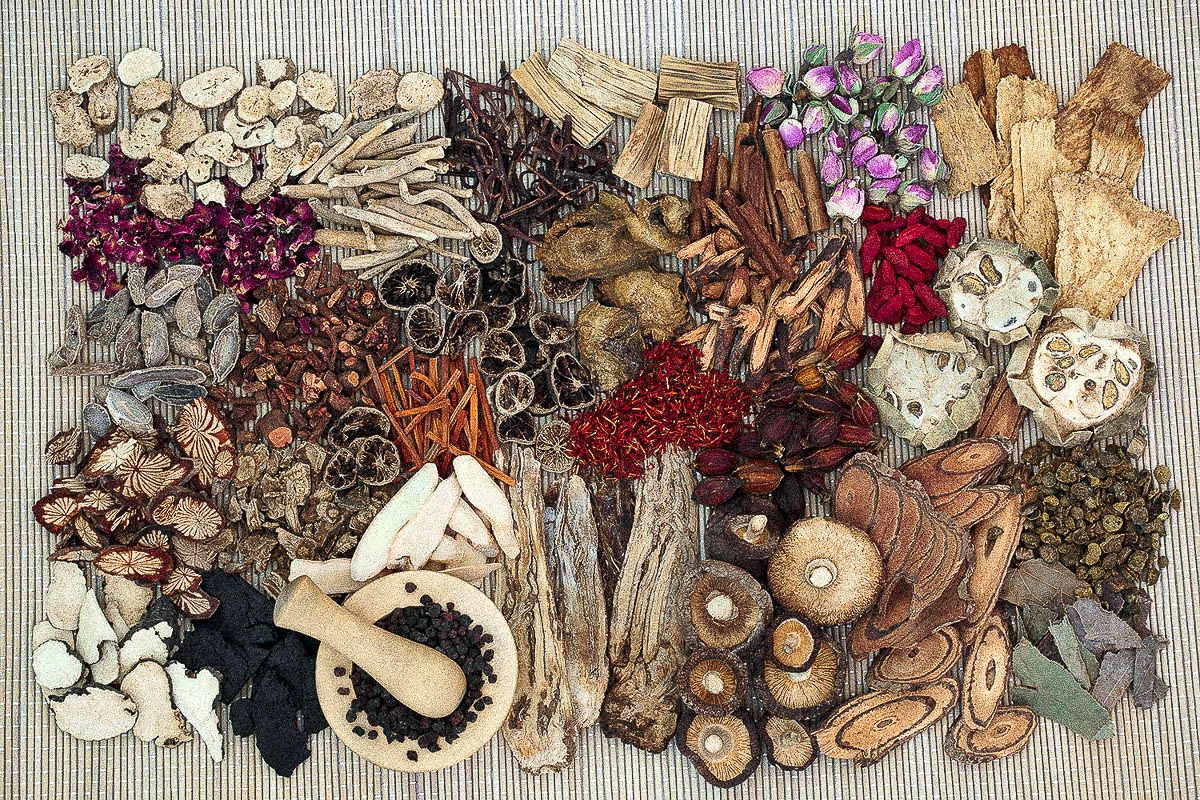 An assortment of Chinese medicine herbs, symbolizing the themes of harvest, sharing, and balance during the Fall Equinox.